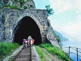 Circumbaikal train railway - tourist near the tunnel