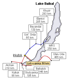 Map: Main destinations of lake Baikal region and the distance from Irkutsk