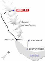 Travel to Sayan mountains - Shumak - map of the area